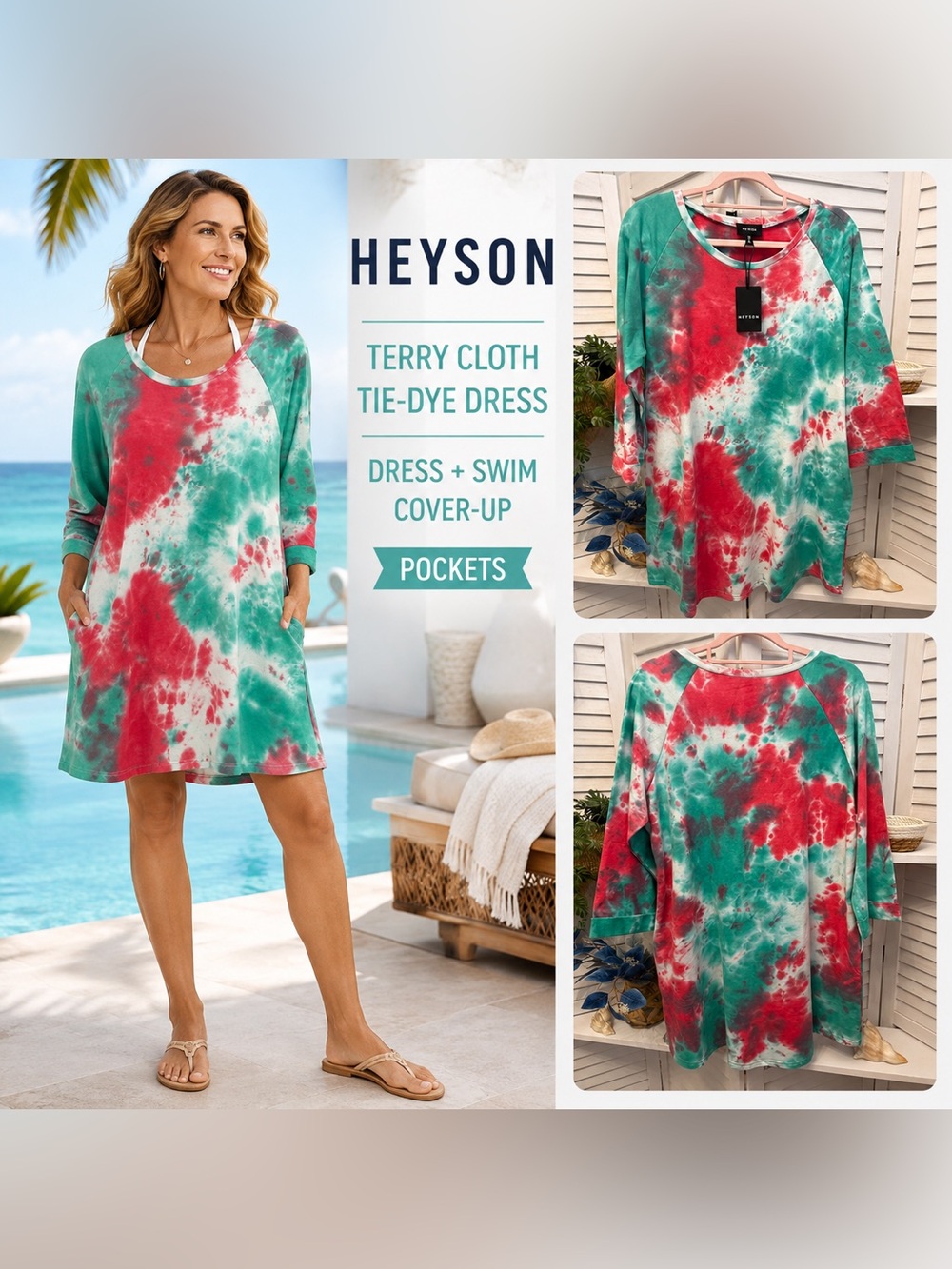 Heyson Tie-Dye Terry Cloth Swim Cover-Up Dress in Red & Green
